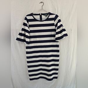 Lauren Ralph Lauren Navy Blue White Stripe Stretchy 1/2 Sleeve Shift Dress. PMED